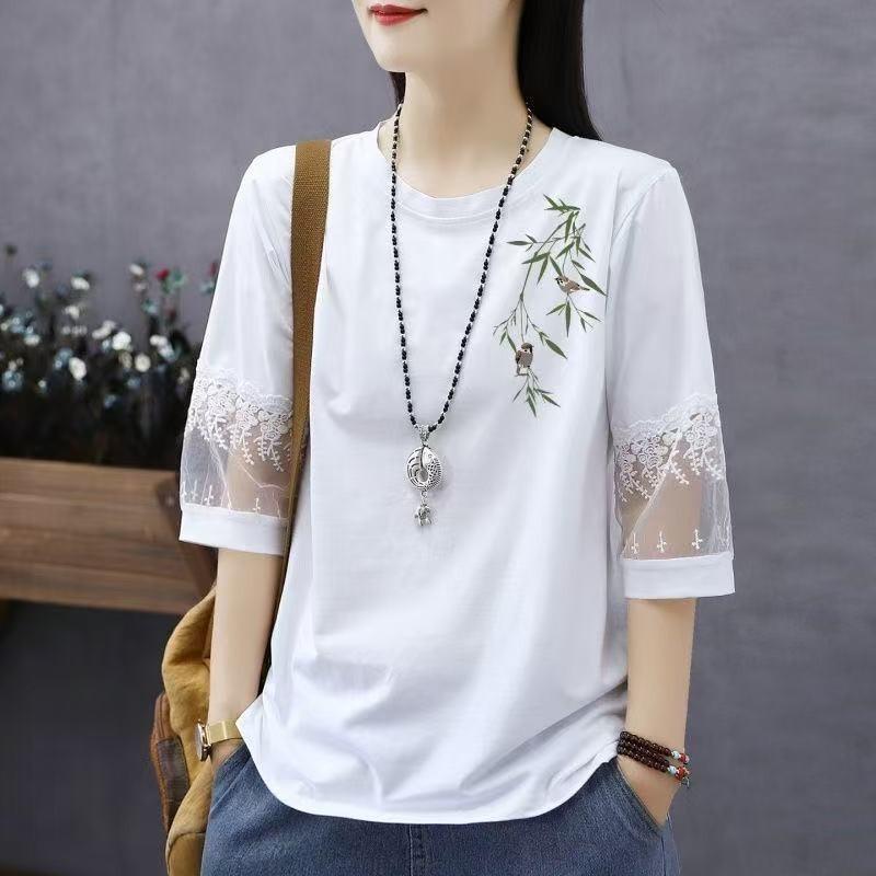 Pure Cotton Summer New Chinese Style Five-quarter Sleeve Top for Women Large Size Foreign Style