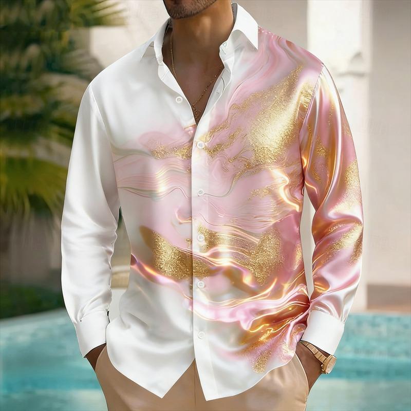 New Men's Long Sleeved Shirt with Harajuku Style 3D Ink Printed Long Sleeved Color Block Pattern Top and Shirt