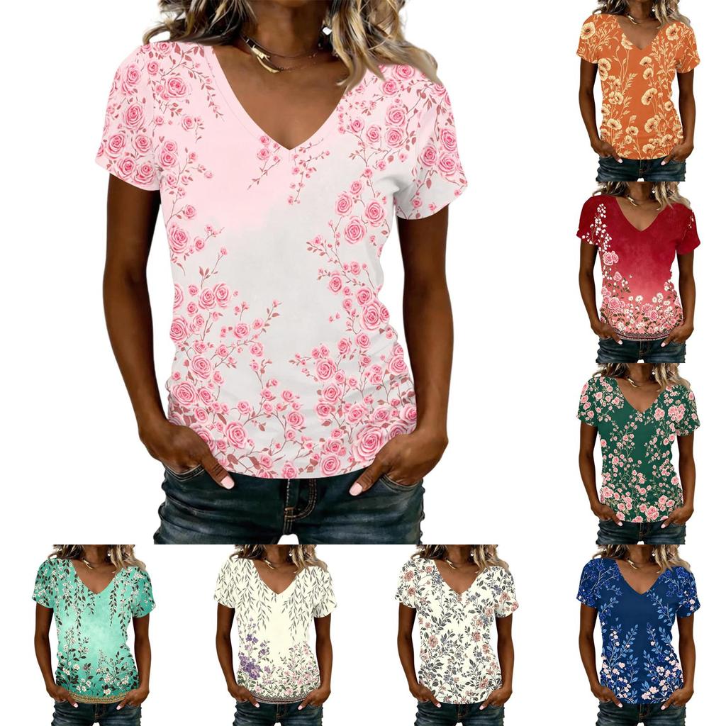 Women V Neck Short Sleeve T Shirt Floral Print Casual Loose Fit Lightweight Summer Top for Daily Wear Work Travel