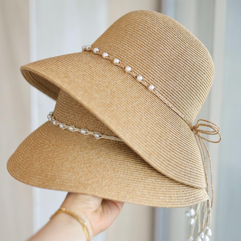 French Pearl Straw Rope Bow Holiday Bucket Hat Elegant Versatile Beach Sun Protection Folding Hat Summer