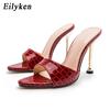 Fashion Eilyken Summer Womens Slippers Fashion Snake Print Leather Pointed Toe Ladies Shoes Stiletto High Heel Sandals Size 41 42