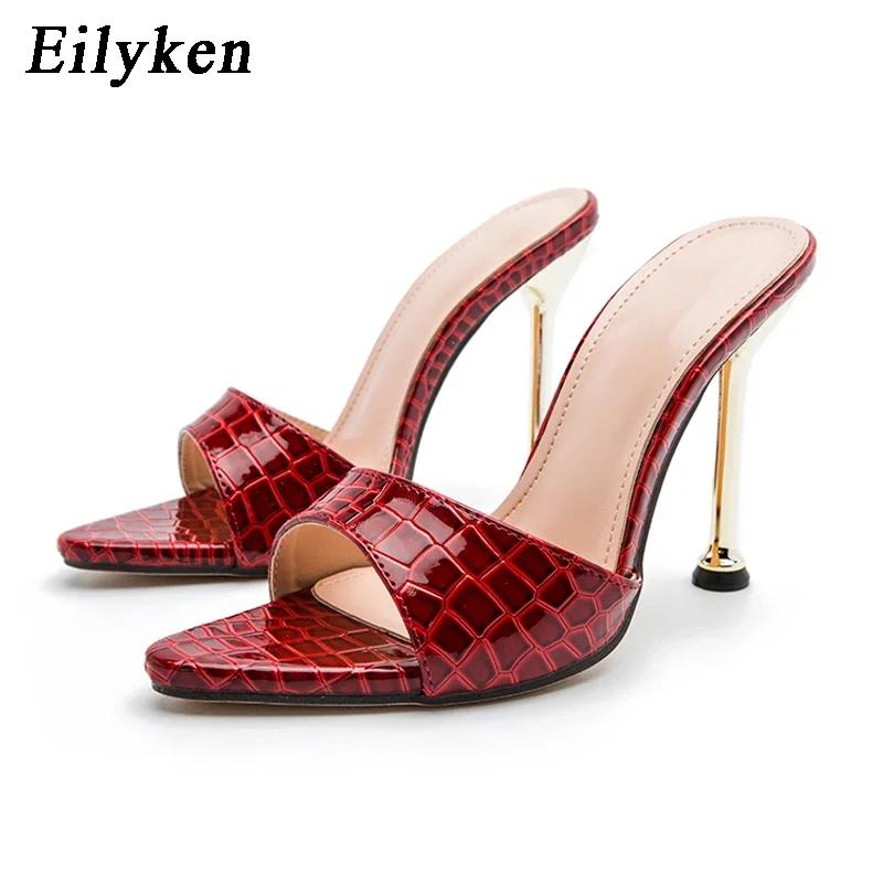 Fashion Eilyken Summer Womens Slippers Fashion Snake Print Leather Pointed Toe Ladies Shoes Stiletto High Heel Sandals Size 41 42
