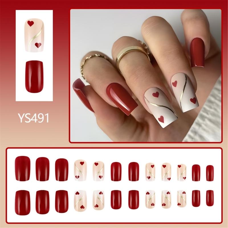 24 Pcs Heart Press On Nail Glossy Artificial Nail Golden Stripes Stick on Nail Valentines Day Full Cover False Nail
