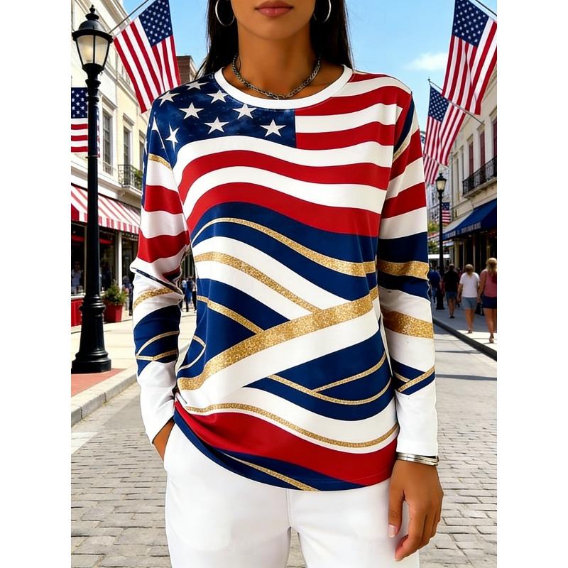 

Women s T Shirt Tee Top Print Graphic Flag Fashion Basic Classic Long Sleeve Crew Neck Regular Tops 3XL
