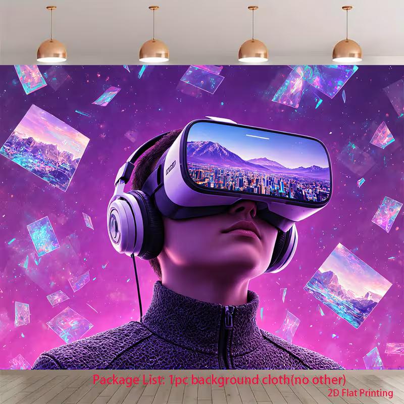 

2D Metaverse Themed Tapestry, Person with VR Glasses and Headphones for Tech Enthusiasts 47.2x31.5inch/120*80cm