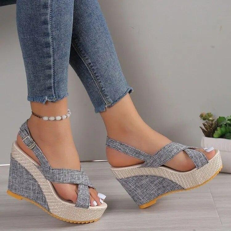 Scarpe taglie forti 35-42 per donna Sandali con zeppa e fibbia alla caviglia per donna Sandali estivi in denim Comodi sandali con suola spessa