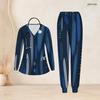 Women Plus Size Printed Dark Blue Nurse Scrub Set V Neck Long Sleeve Pockets Top Long Pants Two Piece