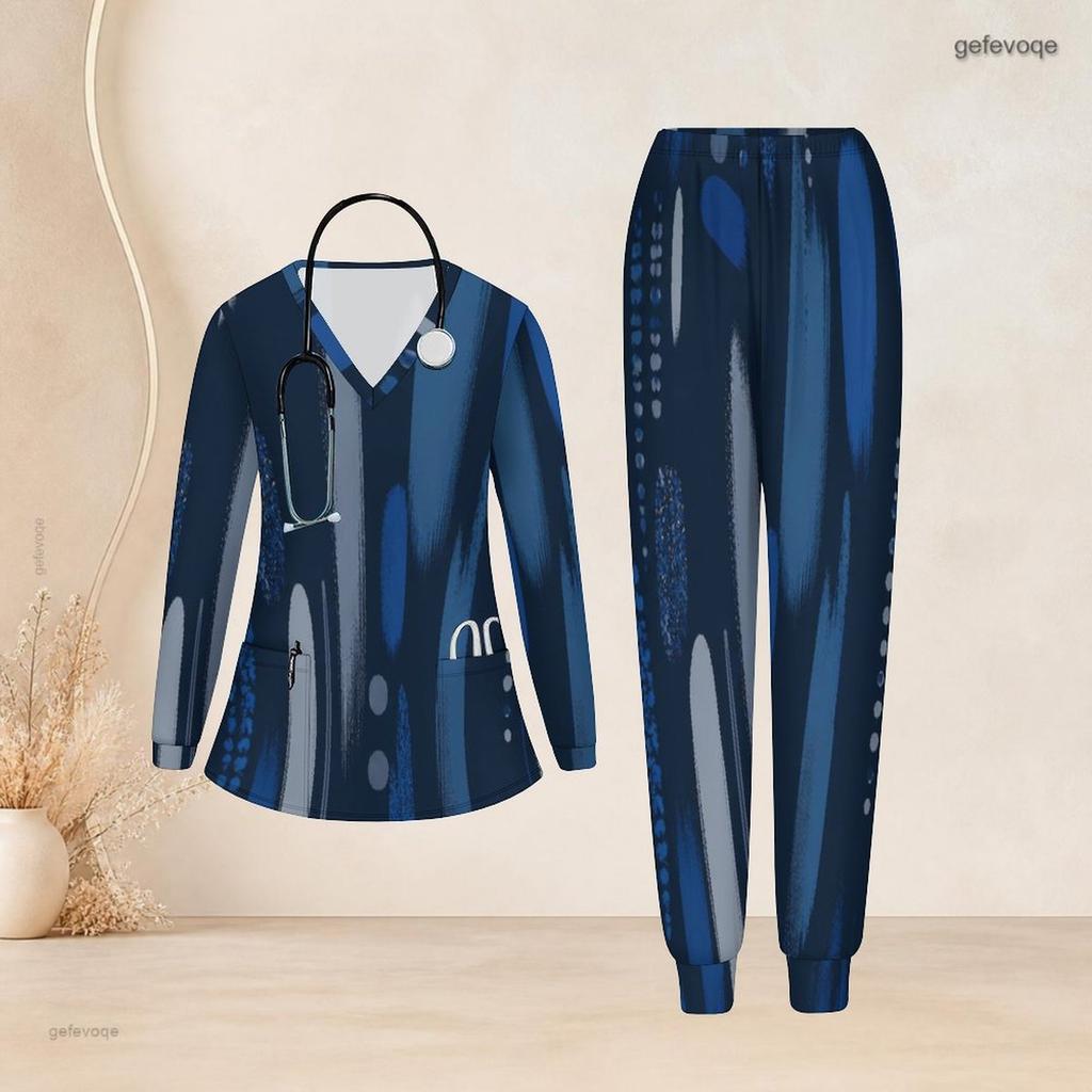 Women Plus Size Printed Dark Blue Nurse Scrub Set V Neck Long Sleeve Pockets Top Long Pants Two Piece