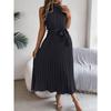 Sleeveless Summer Pleated A-line Dress Casual Solid Color Loose Party Lace-up Elegant Dresses Fashion Midi Sweet Stand Collar Holiday Clothing