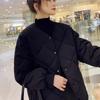 Women's Autumn Winter Solid Color Diamond Pattern Collarless Crew Neck Fashion Short Cotton Padded Jacket Lightweight Cotton Coat Outerwear