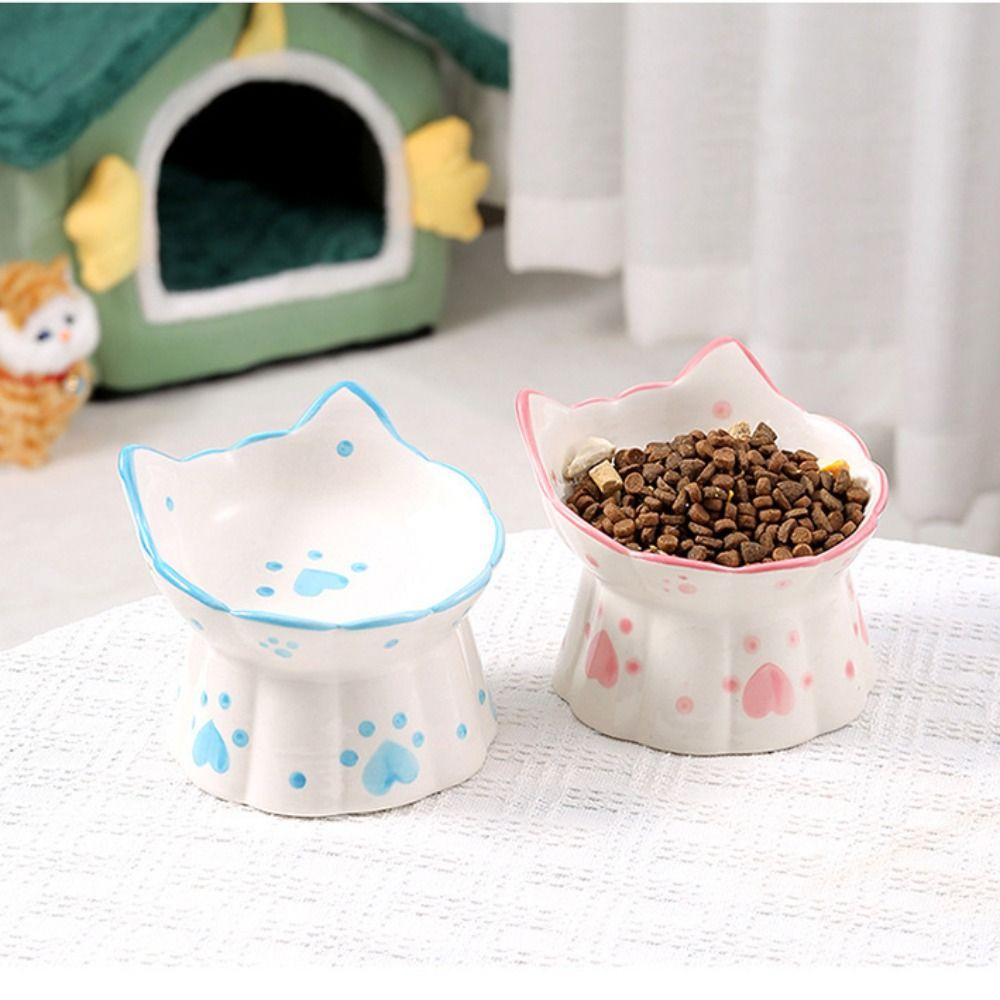 Cartoon 15° Tilted Elevated Cat Bowl Anti-Regurgitation Ergonomic Cute Pet Feeder Easy Clean Non-Slip Raised Feeding Bowl Indoor