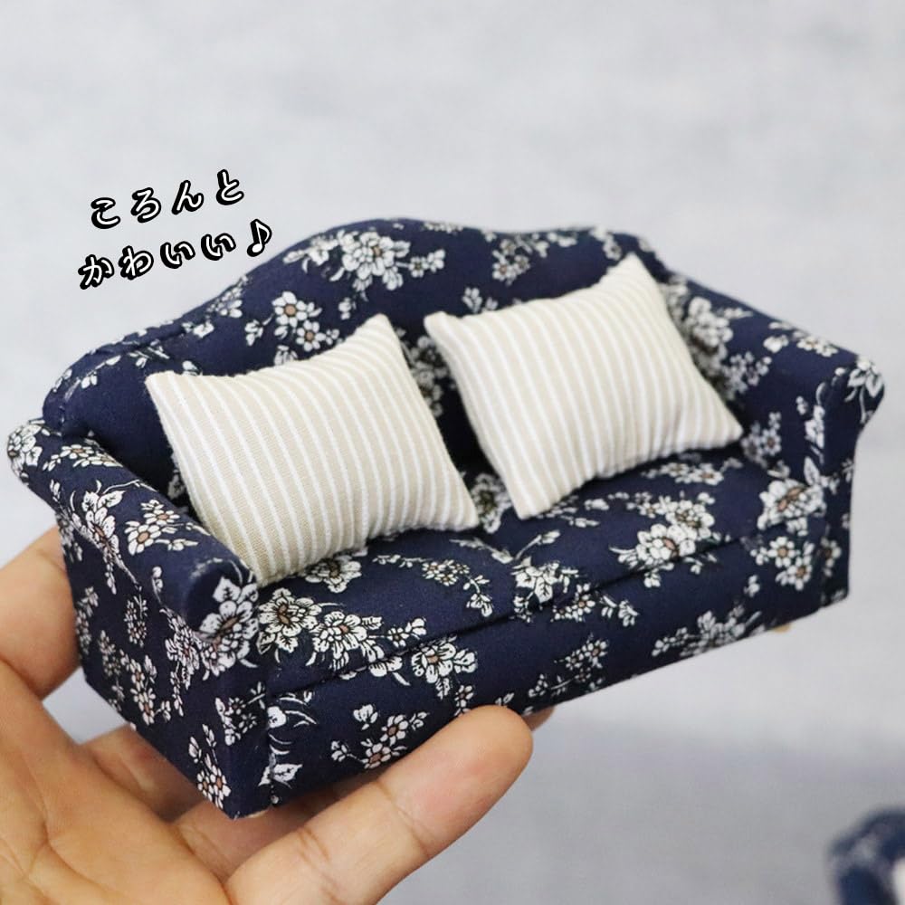 moin moin Miniature Furniture Scale Furniture Sofa 3 Piece Set B Two Seater Single Seater Single Cushion White Blue Floral Pattern Retro Bicolor