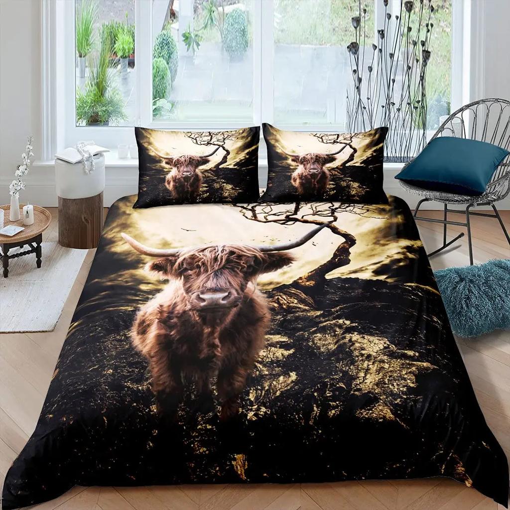 Cartoon Highland Cow Duvet Cover Set Western Animal Bedding Set 3D Ocean Bull Cattle Comforter Cover Floral Branches Quilt Cover