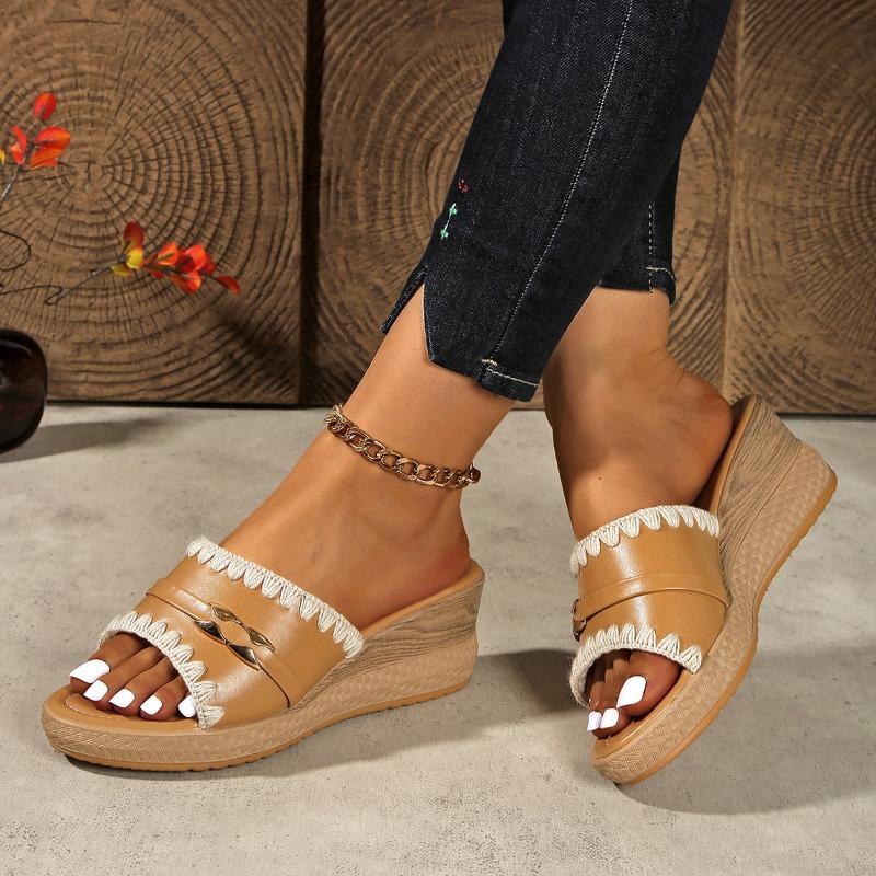 Summer Plus Size Wedge Slippers Women's 2025 New Lace Open-toe Platform Sandals