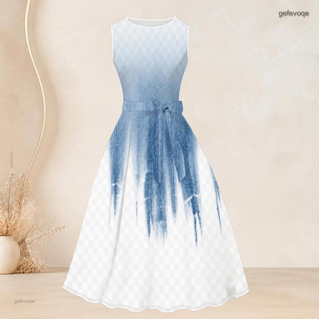Women Plus Size Two Piece Set Round Neck Sleeveless Tie Waist Flared Dress 3 4 Sleeve Open Cardigan Printed