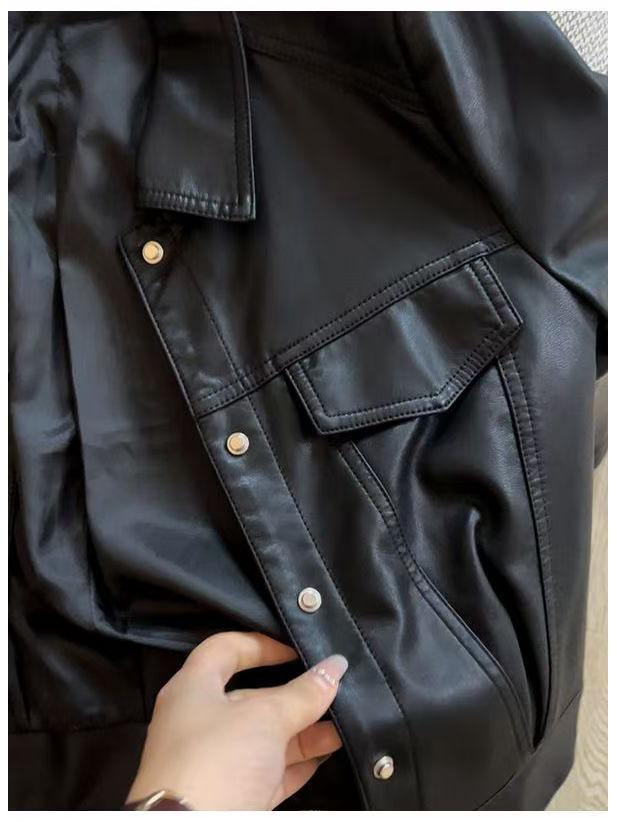 Women's Petite High-Waisted Short Leather Jacket for Autumn/Winter 2025: New Arrival Lapel Motorcycle Outerwear