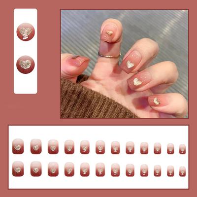 Valentine Fake Nails Short Press Nails Square Red Full Cover Glue Nails Valentine Heart-Shaped Nails With Cute Designs Extra Short With 2ml Glue