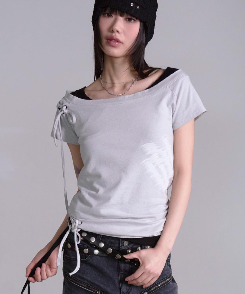 PRENDA Corset Detail One-Off-Shoulder Short Sleeve Gray