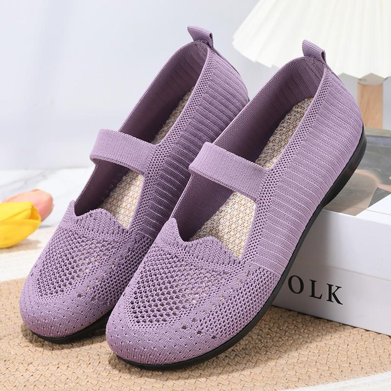 Womens Comfortable Flat Slip-On Shoes Senior Ladies Breathable Mesh Upper Non-Slip Rubber Sole