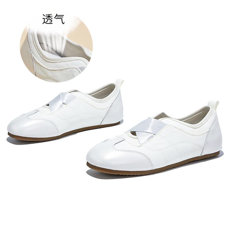 Customized Leather Little White Shoes Women's 2025 New Fashion Single Shoes Flat Bottom Cross Elastic Band Niche Single Shoes Ballet Style