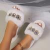 Fashion Winter Women's Home Faux Fur Warm Open Toe Slippers Fashionable Crystal Decorated Flat Bottom Lightweight Comfortable Slippers