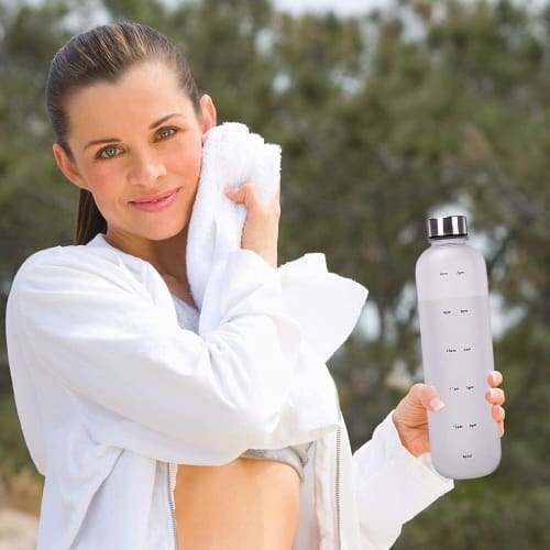 Water Bottle with Time Marker, 1000ml Silver Steel Cover, BPA-Free Drinking Reminder, Leak-Proof Frosted Time Marker for Fitness, Sports, and Outdoors