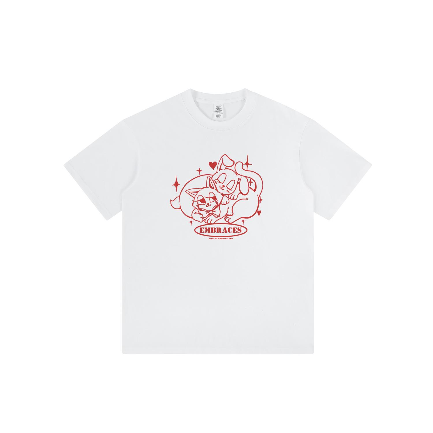 

2024 Unisex Hong Kong Style White Cat Cartoon Print Cotton T-Shirt - Summer Short Sleeve Small бежевий