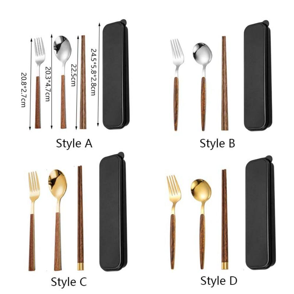 4PCS/Set Wooden Handle Portable Tableware Set with Box Fork Spoon and Chopsticks Set  Travel