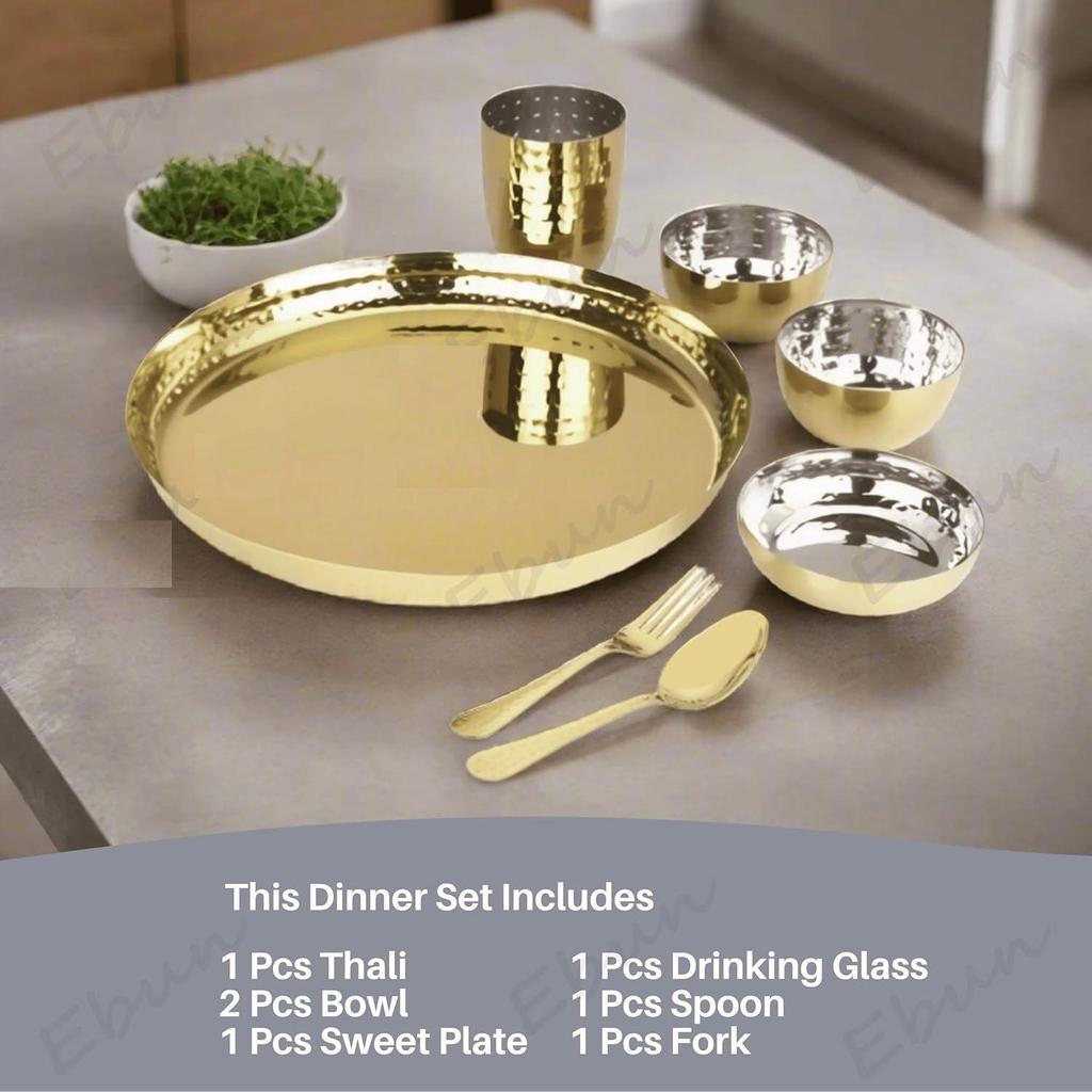 Heavy Gauge Stainless Steel Dinner Set | Gold Colour  PVD Plated Steel Thali Set | Stainless Steel Dinner Set for Kitchen | Thali Set for Dinner |