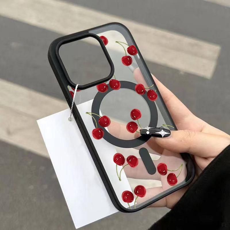Red Cherry Pattern Magnetic Phone Case For iPhone 11 12 13 14 15 16 16e 17e 17 ProMax Plus Air For Magsafe Wireless Charge Cover