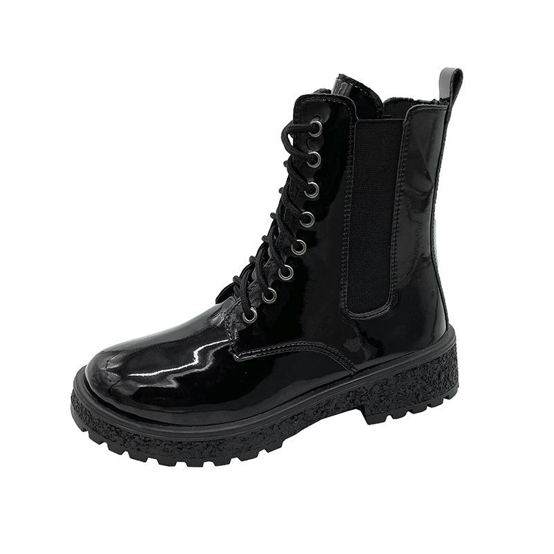 Women's boots medium heel round head cut west boots 2025 autumn new Korean version patent leather women's shoes comfortable Martin boots