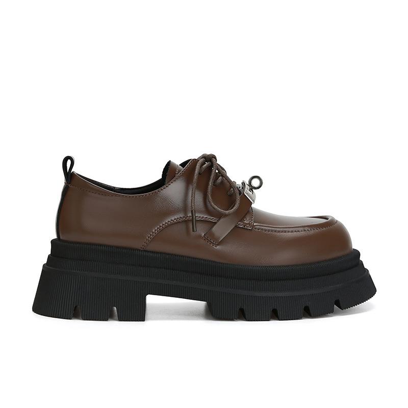 Spring and Summer Round Head Small Leather Shoes, Muffin Sole, Thick Heel Lock, Lucky Shoes, Women's Soft Lace Up, Women's Shoes, New Single Shoes