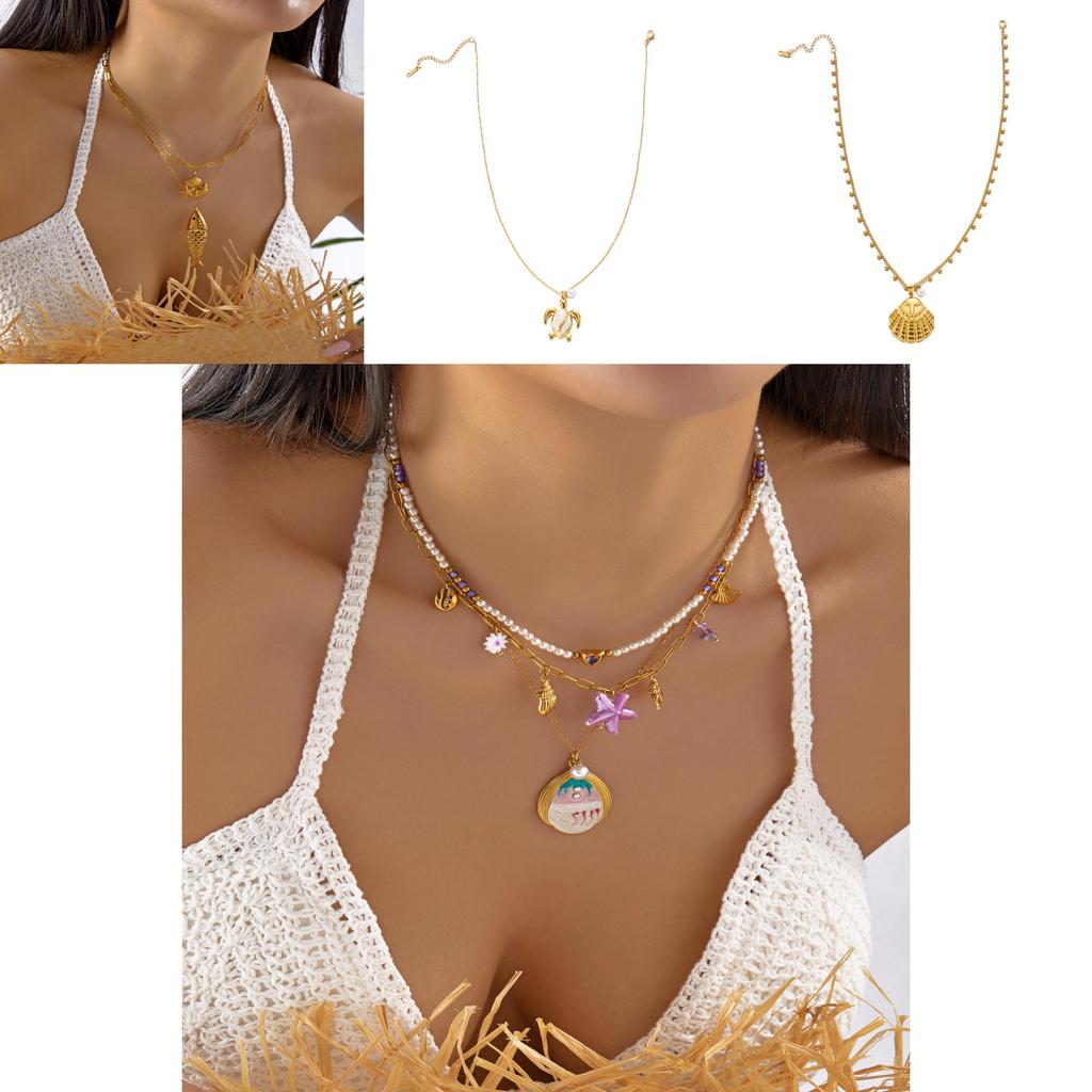 Ocean Style Stainless Steel Necklace With Shell Beads And Animal For Women And Men