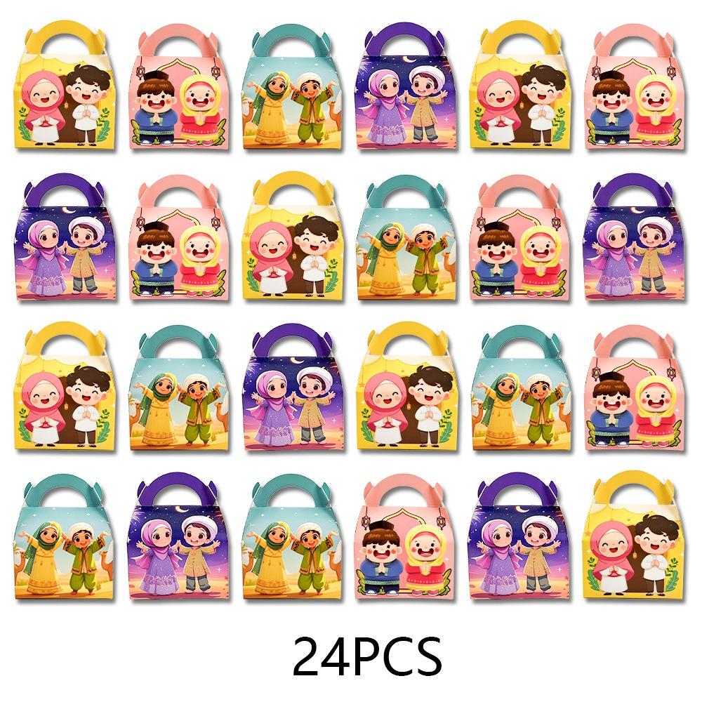 

24PCS Creative Multicolor Eid Mubarak Packaging Boxes Cartoon Pattern Paper Ramadan Gift Box Square Packing Box Celebration 5x5x5cm