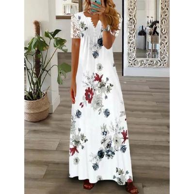 2024 Frühling Spitze Sexy Kleid Frauen Mode Sommer Plus Größe Kleider Frauen A-linie Kurzarm Langes Kleid Frauen Lose Robe Elegante Kleidung 25968