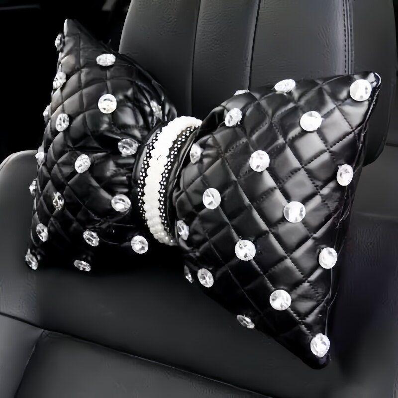 

Masdia Genuine Leather Car Steering Wheel Cover for Men and Women, Suitable for All Seasons, Round D-Shaped with Rhinestones 21 Black Headrest with a Sheepskin Cover