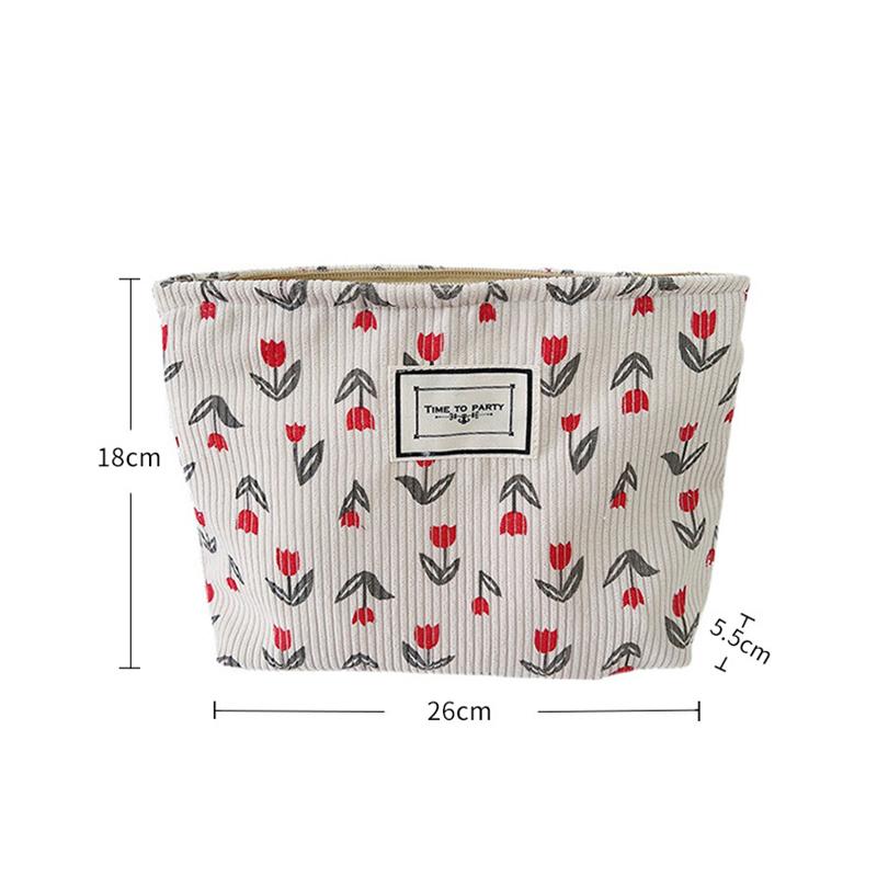 Women Corduroy Flower Handbag Cosmetic Makeup Bag Cases for Girls Portable Travel Storage Bag Zipper Wash Pouch Purse Organizer