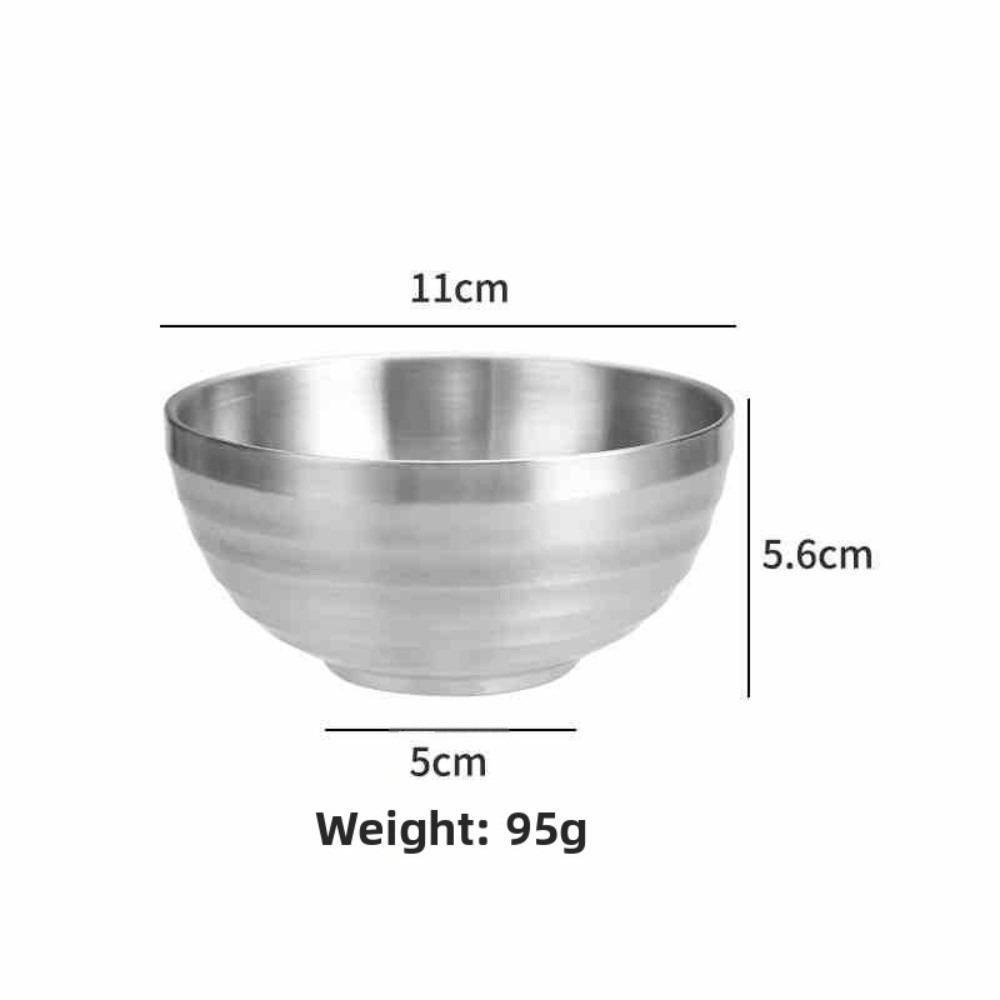 304 Stainless Steel Double Layer Insulated Bowls Round Shape Threaded Rice Bowls  Kitchen Dining 11cm silvery