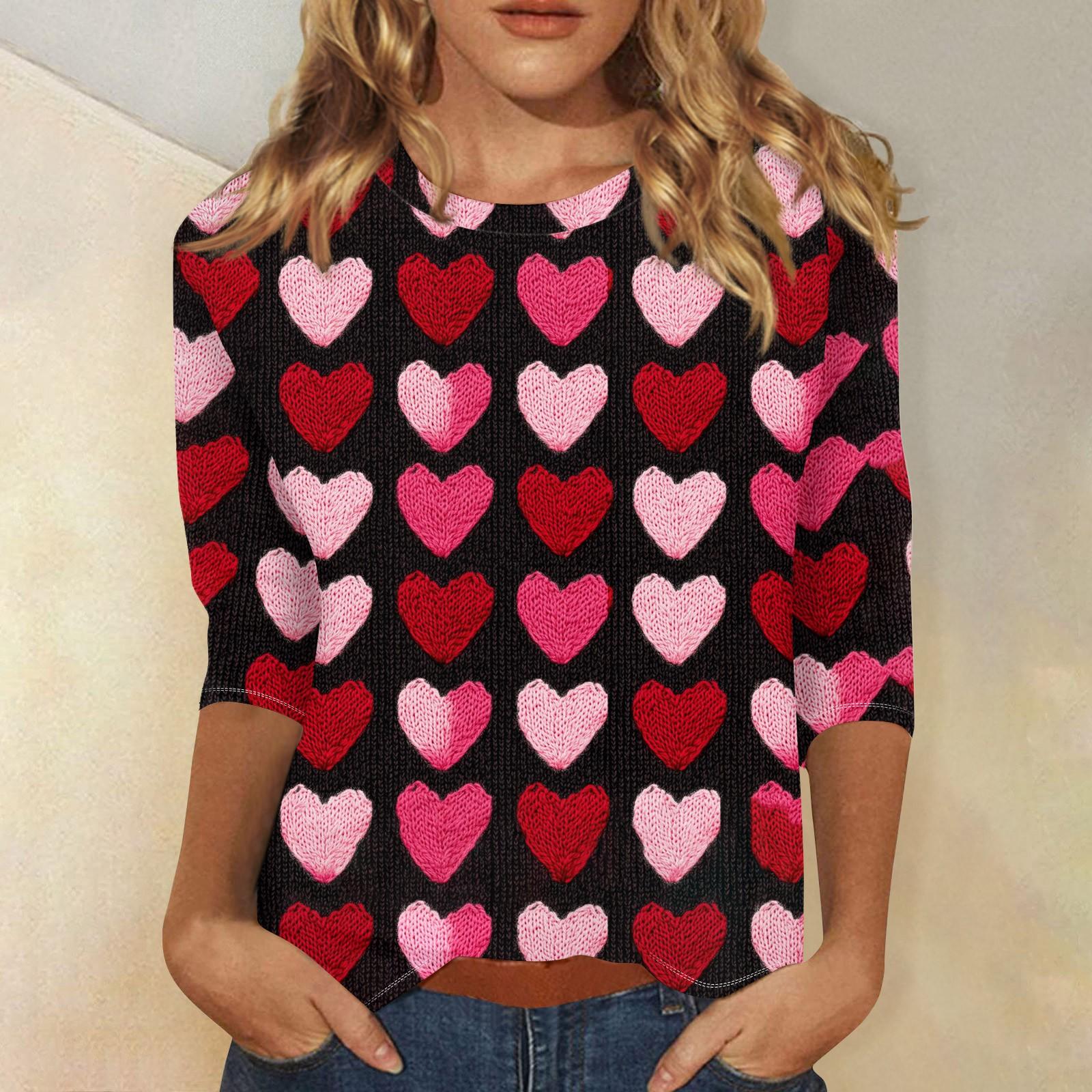 

Женская повседневная свободная футболка с круглым вырезом и принтом ко Дню святого Валентина с рукавами три четверти L горячий розовый