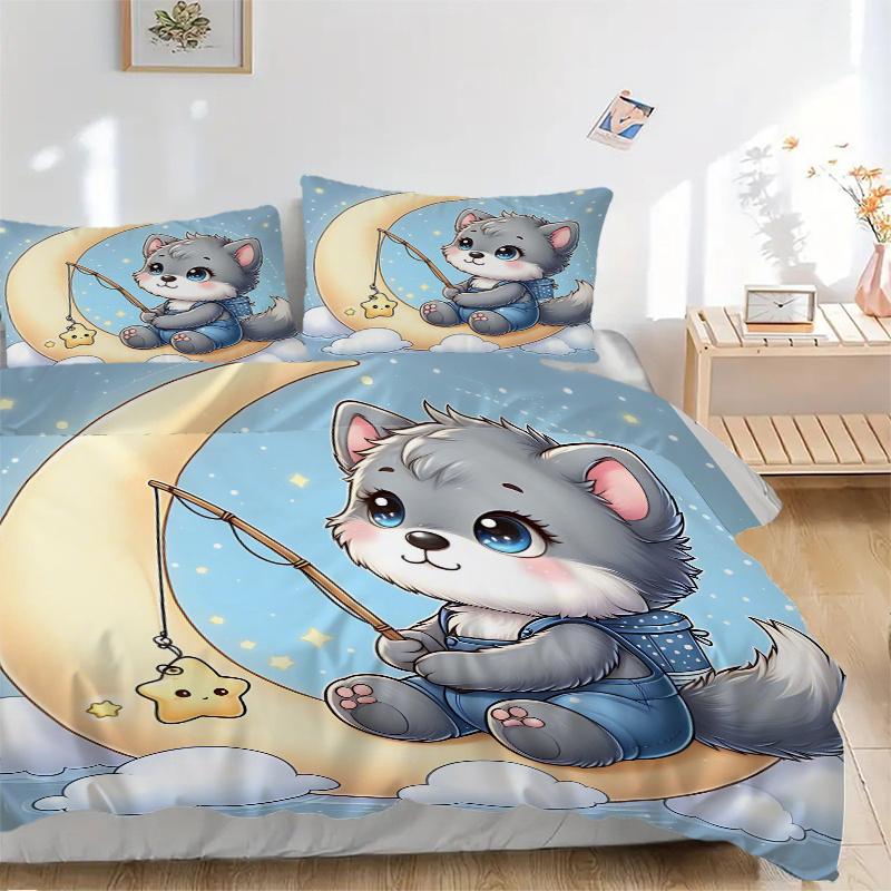 3pcs Little Wolf Fishing for Stars Printed Quilt Set - Includes 1 Quilt Cover and 2 Pillowcases, Machine Washable - Suitable for All Seasons.M071
