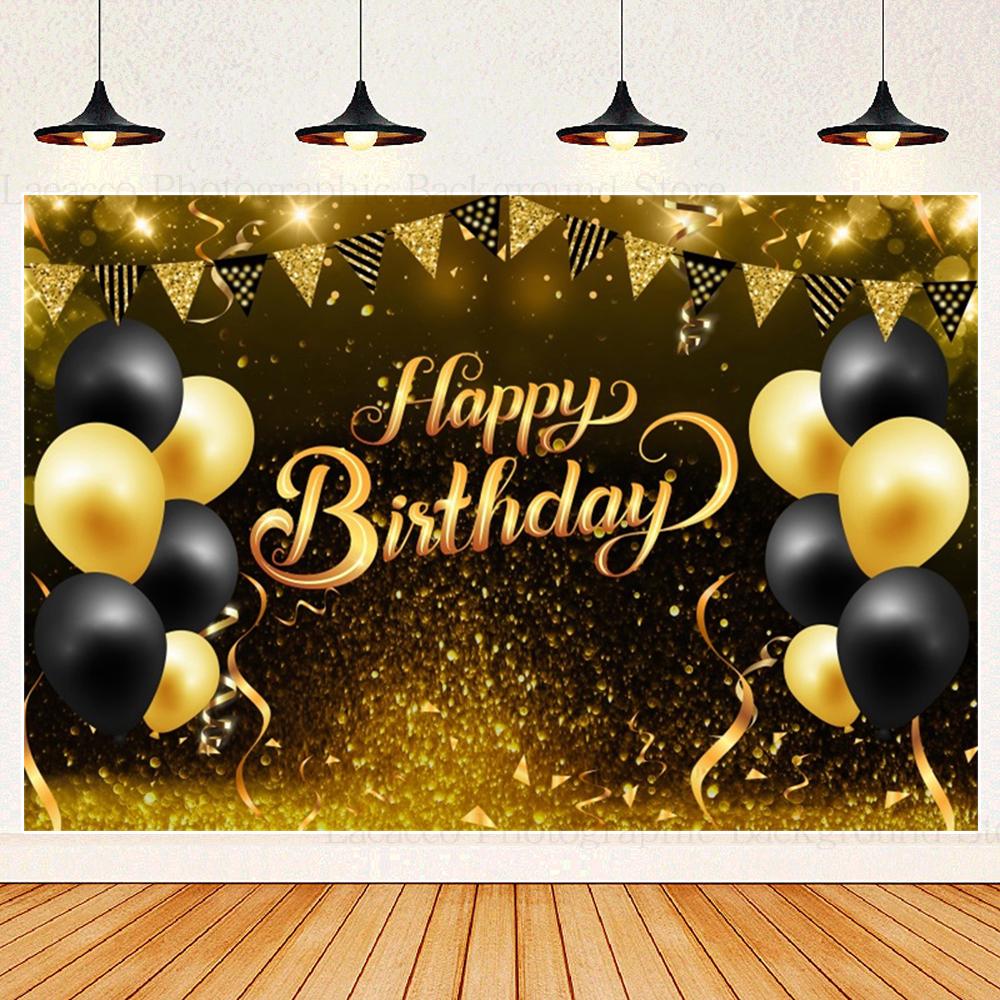 Happy Birthday Party Backdrops Black Gold Balloons Champagne Birthday Party Decor Banner Photography Background for Men Women
