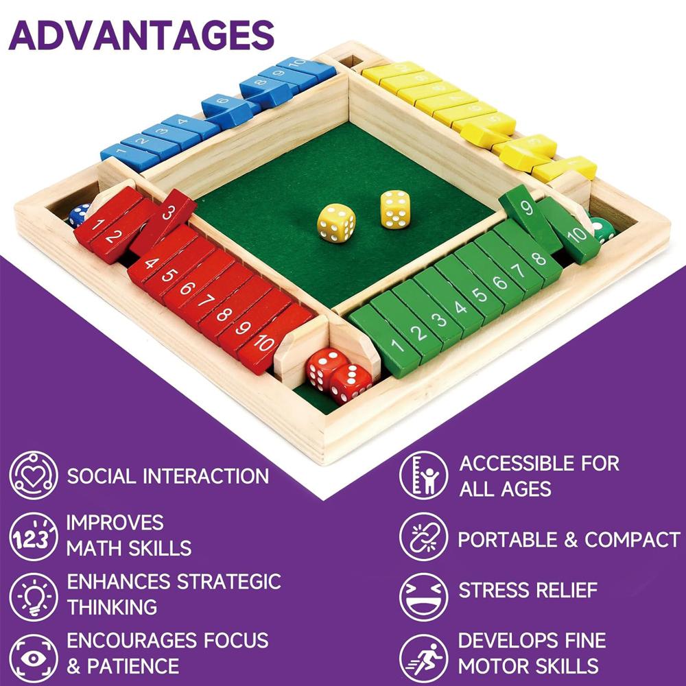 Shut The Box Dice Game,2-4 Player Family Wooden Board Table Math Games for Adults, 8 Dices Classics Tabletop Version Games for C
