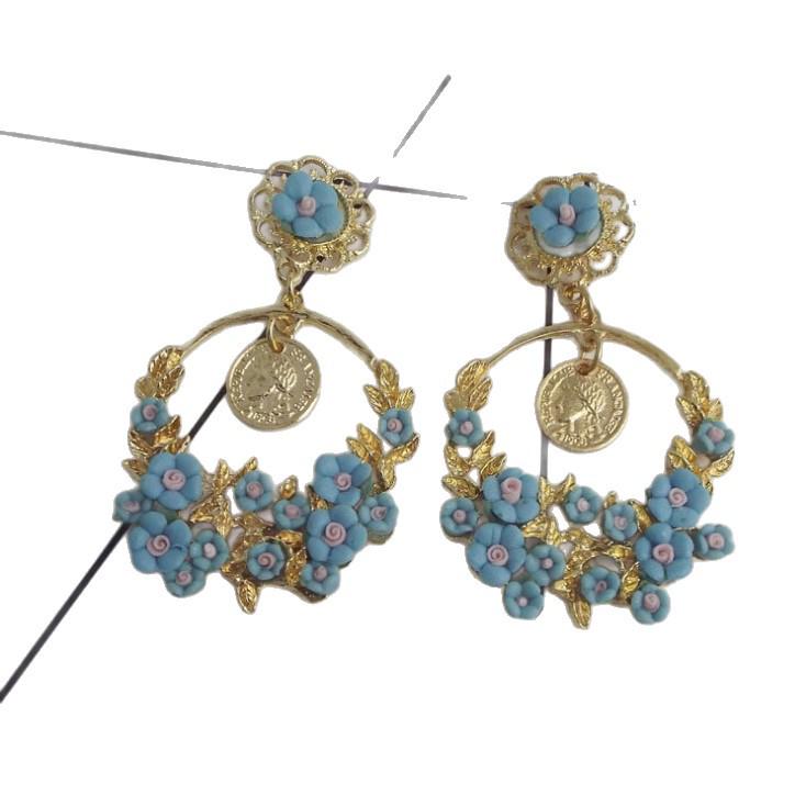 Retro Pastoral Large Hoop Earrings with Ceramic Flowers for Women