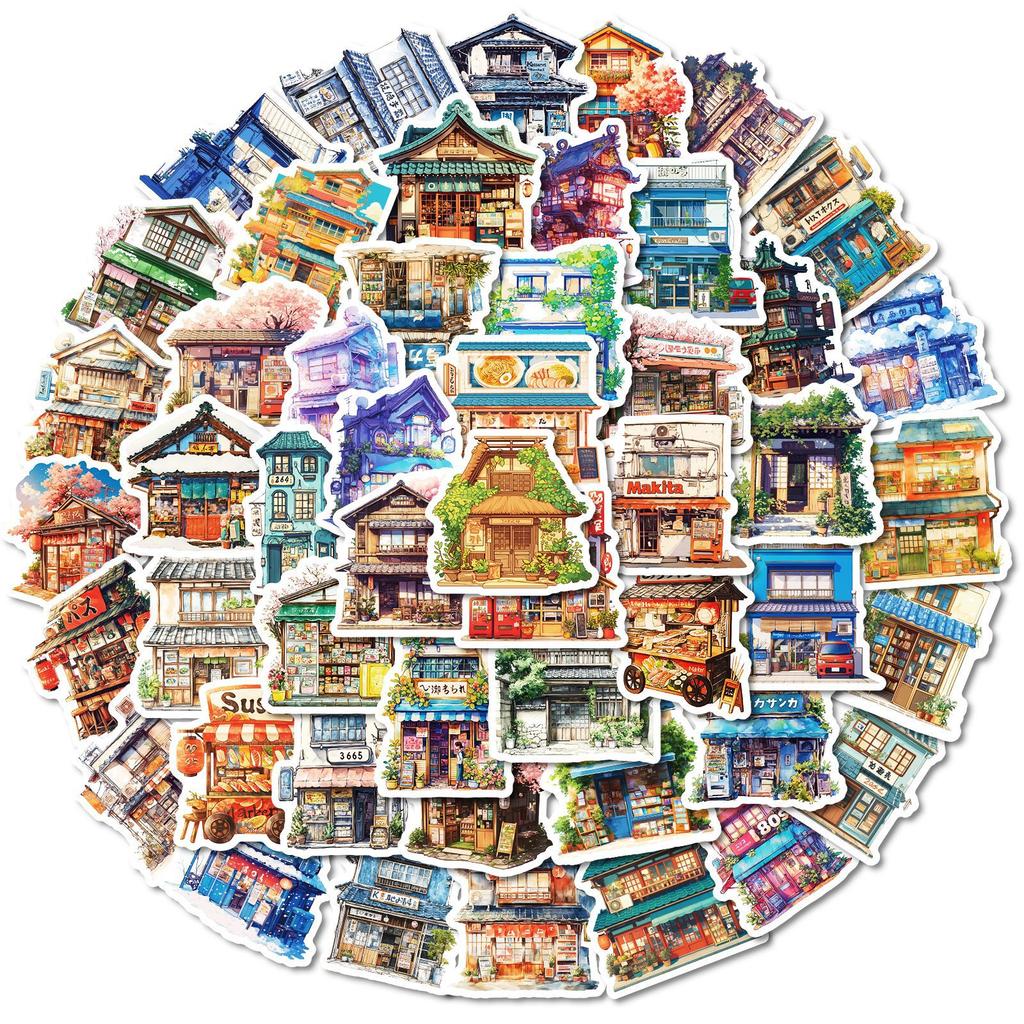 50 Sheets Of Japanese Architecture Series Hand Account Material Decoration Collage Base Sticker Cartoon Hand-Painted Graffiti Waterproof Decoration