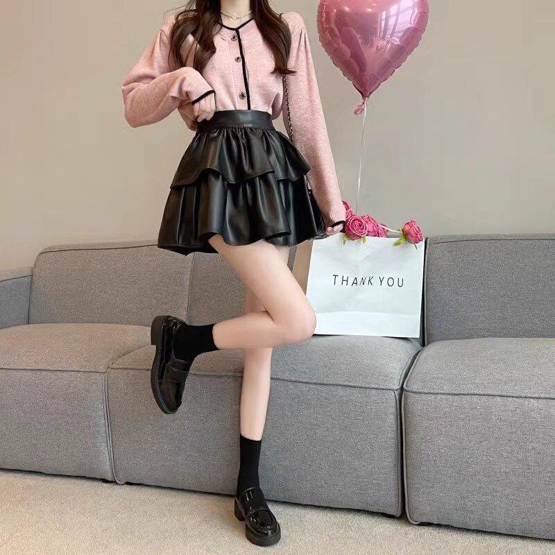 Dámská kožená midi sukně s vysokým pasem a plisováním, nadměrná velikost: Nadývaná, zeštíhlující jarní/podzimní dortová sukně proti odhalení