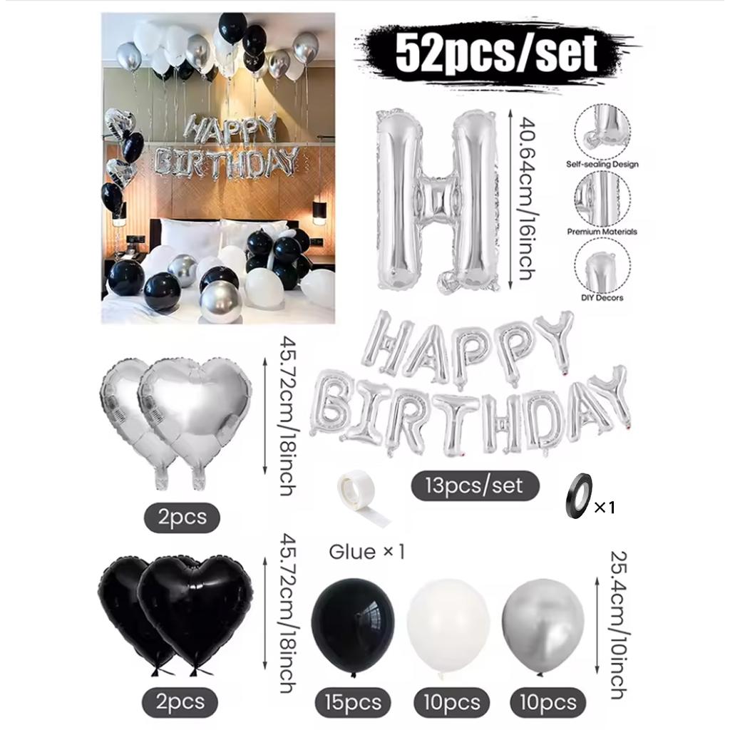 30/54pcs Black and White Balloons, Silver Banner Balloons Suitable for Birthday Decoration and Holiday Decoration