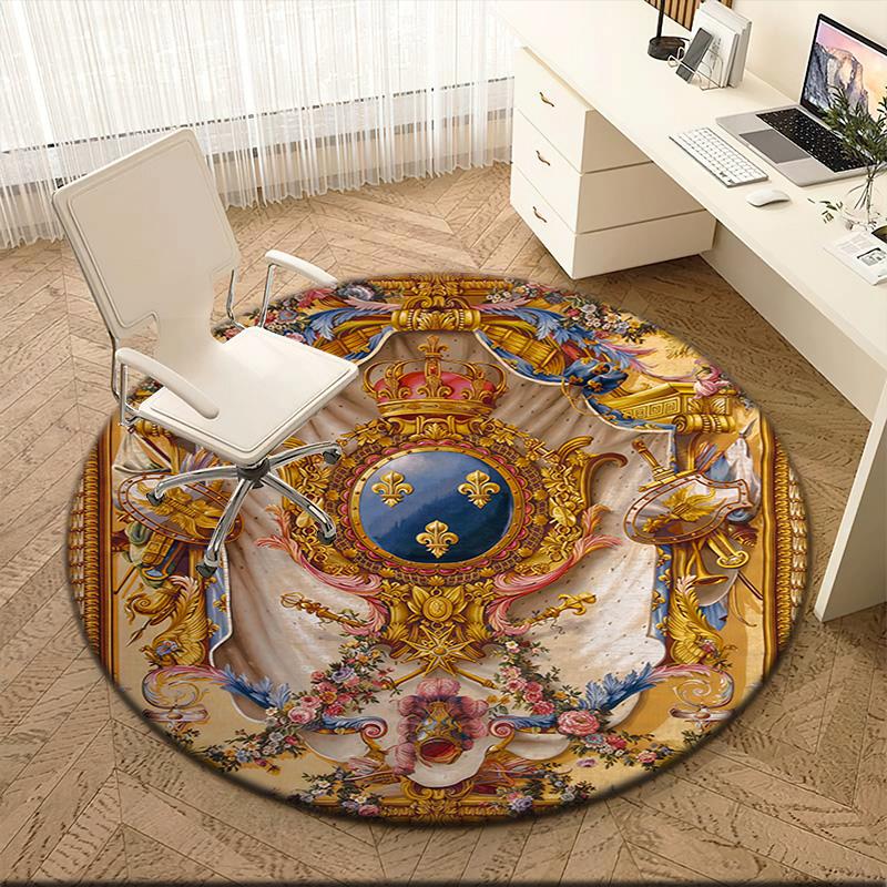 1pc Medieval royal coat of arms and iris Round carpet Painted Printed circular carpet, home door mat, outdoor travel protection carpet