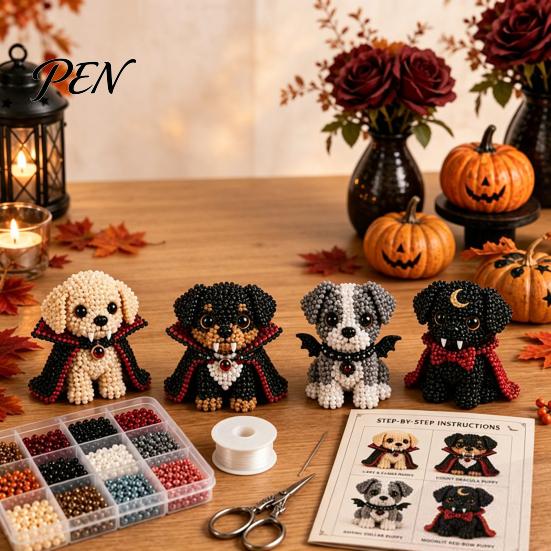 Puppy Bead Art Project Halloween Dog Set, DIY 4 Beaded Figurines, 3D Creative Hobby Sets Craft Kit for Adults Teens, Holiday Decoration Handmade Gift