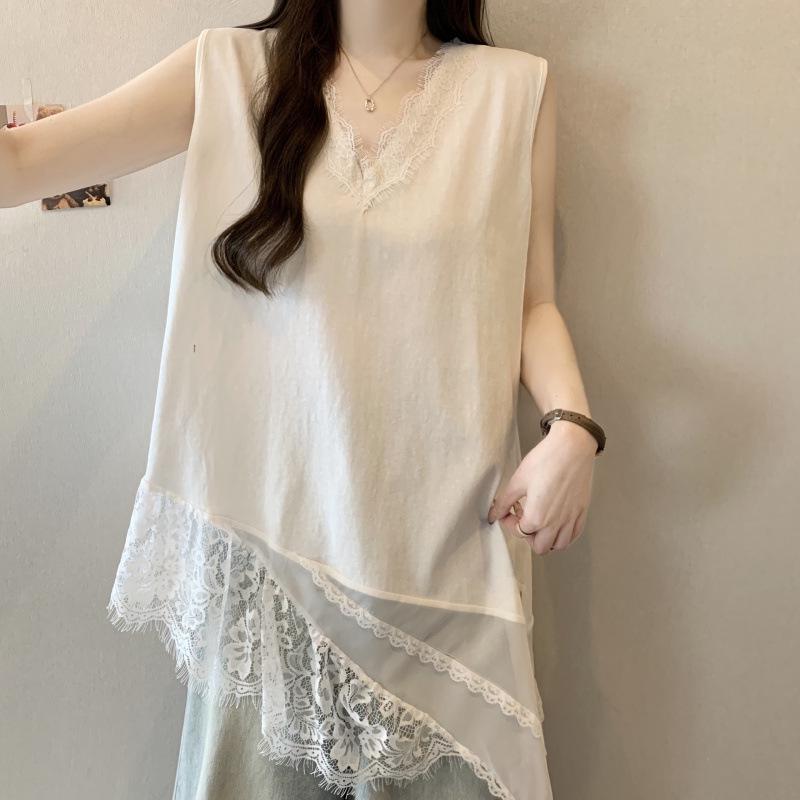

Chic Summer V-neck Lace Patchwork Vest for Women XL білий