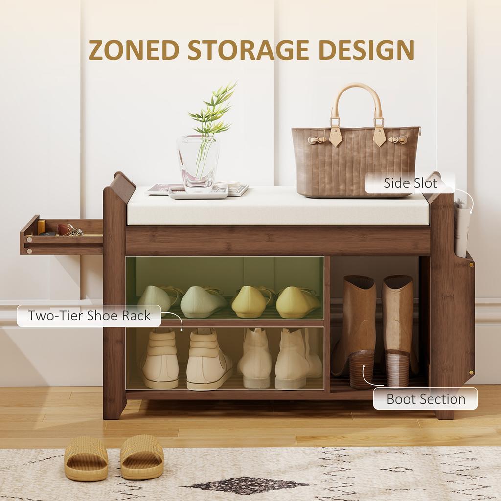 Shoe Bench 2-Tier Boot Section Entryway Storage Bench Cushioned Seat 80 X 30 X 50 Cm Dark Brown and Cream